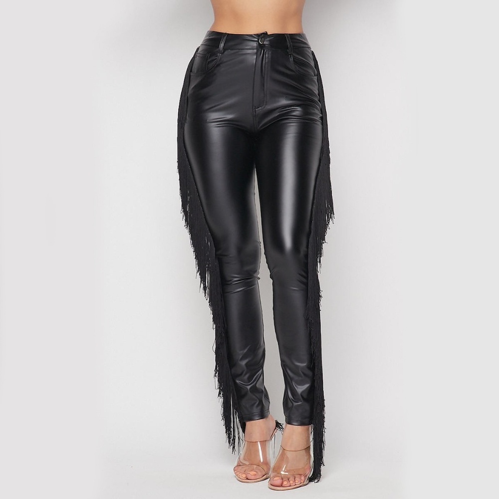 Black Fringe PU Pants